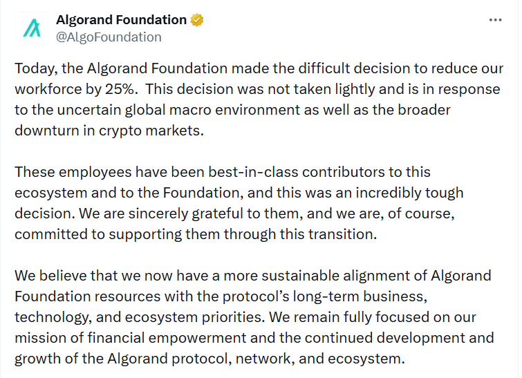 Why Algorand Foundation Cuts 25% of Staff as Crypto Pressure Builds 47 Crypto market downturn