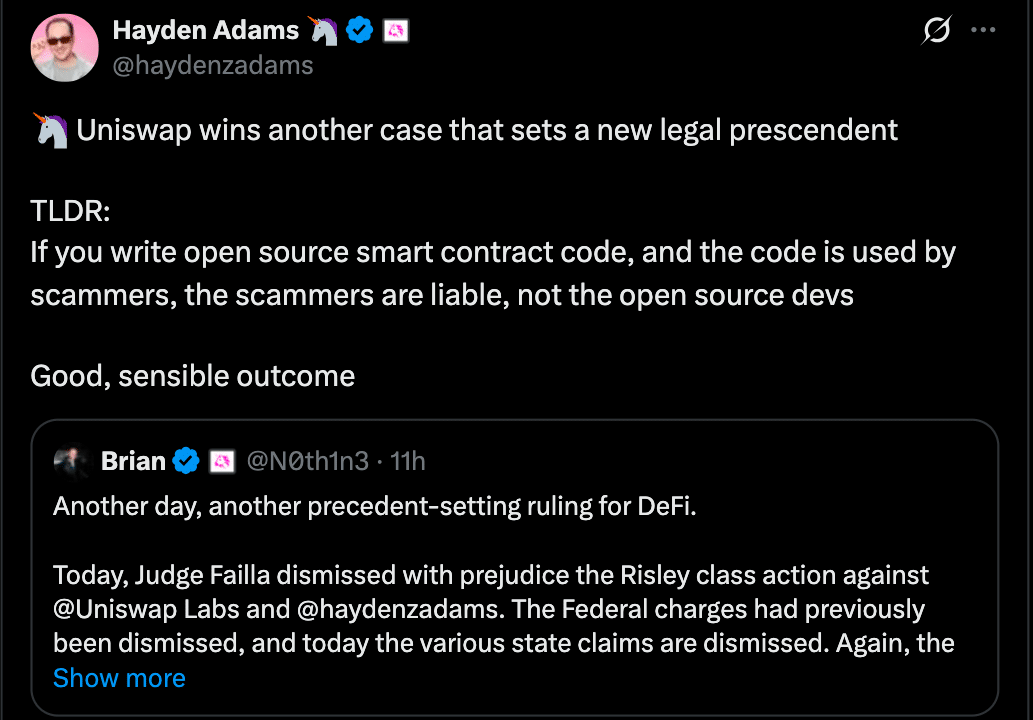 Uniswap Wins Lawsuit as Court Rejects Scam Token Liability Claims 46 Court Dismisses Uniswap Lawsuit as Judge Rules DEX Not Liable in Rug Pull Case