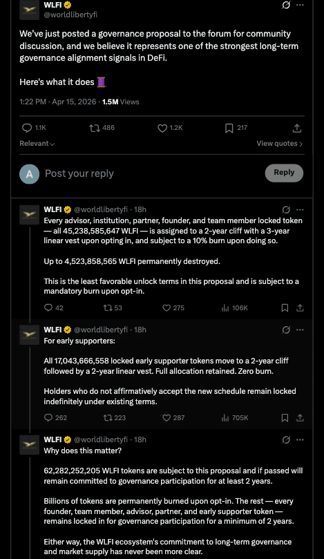 WLFI Governance Proposal Plan Divides Investors Over Token Lock Terms