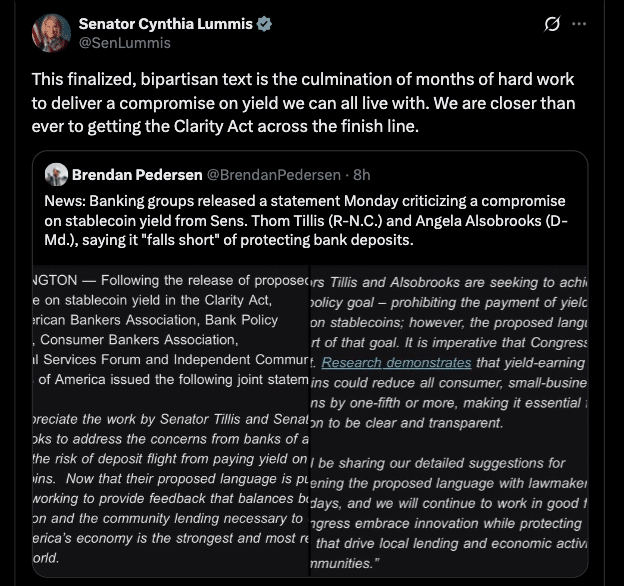 CLARITY Act Stablecoin Yield Clash Deepens as Senators Defend Compromise Against Banking Pressure