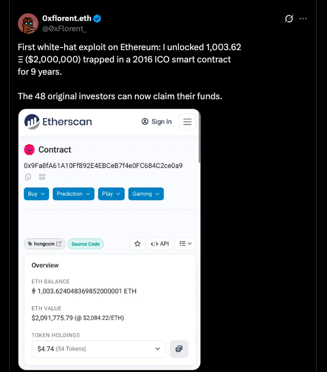 HongCoin Recovery Restores Access to 1,003 ETH Locked Since 2016 47 HongCoin Recovery Unlocks $2 Million in ETH Trapped Since 2016