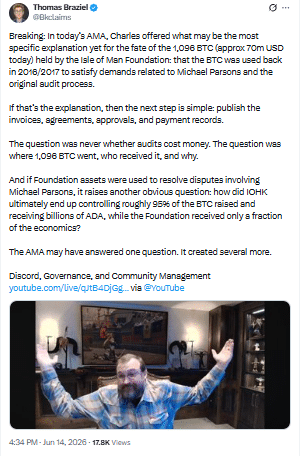 Cardano Governance Questions Rise Around 1,096 BTC and Foundation Records 47 Cardano Foundation