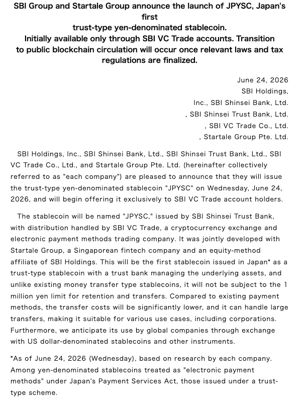 JPYSC Stablecoin Enters the Market